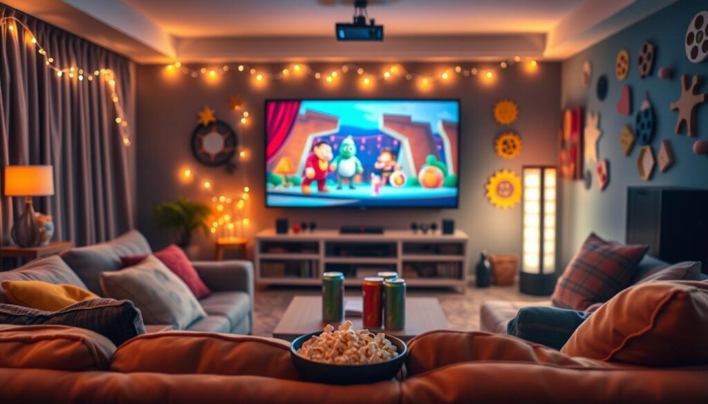 A cozy living room set up for a family-friendly movie party. In the foreground, a large, comfortable sofa adorned with colorful cushions. A bowl of popcorn and a few soft drink cans are placed on a coffee table. In the middle ground, a large screen displays a vibrant, animated movie scene, casting a warm glow around the room. Soft fairy lights are draped along the walls, contributing to a festive atmosphere. In the background, cheerful decorations with movie-themed motifs, such as film reels and character cutouts, enhance the lively mood. The lighting is warm and inviting, suggesting a fun, age-appropriate gathering. Capture this scene from a slightly elevated angle, emphasizing the cozy, family-oriented ambiance.