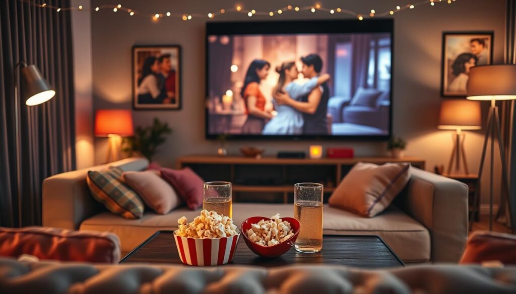 A cozy living room set up for a romantic movie night, capturing an inviting atmosphere. In the foreground, a plush sofa adorned with colorful cushions sits in front of a large screen displaying a classic romance film. Soft, warm lighting from stylish floor lamps creates a gentle glow, enhancing the intimate setting. In the middle, a coffee table is perfectly arranged with popcorn in a heart-shaped bowl, two glasses of sparkling juice, and a few romantic-themed movie posters in the background. Delicate fairy lights twinkle above, adding a dreamy ambiance. The overall mood is warm, inviting, and perfect for couples, with an emphasis on love and creativity in movie night ideas.