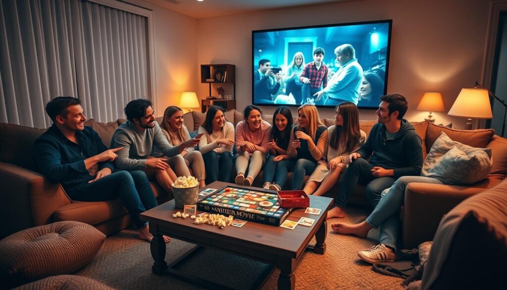 A cozy living room setting filled with a group of friends seated on a large, comfortable sofa and floor cushions, excitedly engaged in interactive movie night games. In the foreground, a coffee table scattered with popcorn, snacks, and game cards. In the middle, the friends, dressed in casual but modest attire, are laughing and pointing at a movie-themed board game, while a large screen in the background displays a classic film. Soft, warm lighting creates an inviting atmosphere, enhancing the mood of camaraderie and fun. The scene captures a moment of joy and interaction, showcasing the spirit of a group movie night. The whole composition is framed with a wide-angle lens, emphasizing the warmth and togetherness of the gathering.