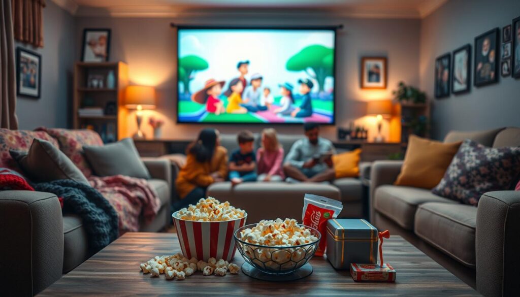 A cozy living room setting for a family movie night, featuring a comfortable couch adorned with colorful blankets and cushions. In the foreground, a bowl of popcorn and a selection of themed snacks are arranged on a coffee table, creating an inviting atmosphere. In the middle, a large screen displays an animated family-friendly movie with vibrant colors, while soft lighting illuminates the room, casting a warm glow. In the background, family pictures hang on the walls, enhancing the sense of togetherness. The scene captures a joyful mood, ideal for family bonding, designed with a cinematic angle to emphasize the engaging environment. The overall ambiance conveys warmth, comfort, and fun, perfect for a memorable movie night theme.