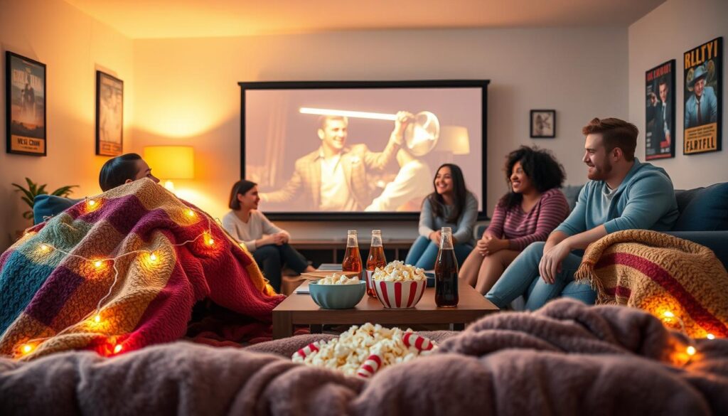 A cozy living room setting tailored for a budget-friendly movie night theme. In the foreground, a large, plush blanket fort made from colorful throw blankets and fairy lights invites viewers in. On a low coffee table, a spread of popcorn, candy, and soda bottles adds delightful snacks, emanating a warm and inviting feel. In the middle ground, a large screen displays a classic movie scene, softly illuminated by the glow of the screen. Friends of diverse ethnicities, dressed in comfortable casual clothing, gather around, laughing and enjoying the ambiance. The background features movie posters framed on the walls and dimmed lighting to enhance coziness. The atmosphere is cheerful and intimate, capturing the joy of spending quality time together without spending much money. Use soft, warm lighting to create a welcoming mood, with a softly blurred focus to accentuate the warmth of the evening.
