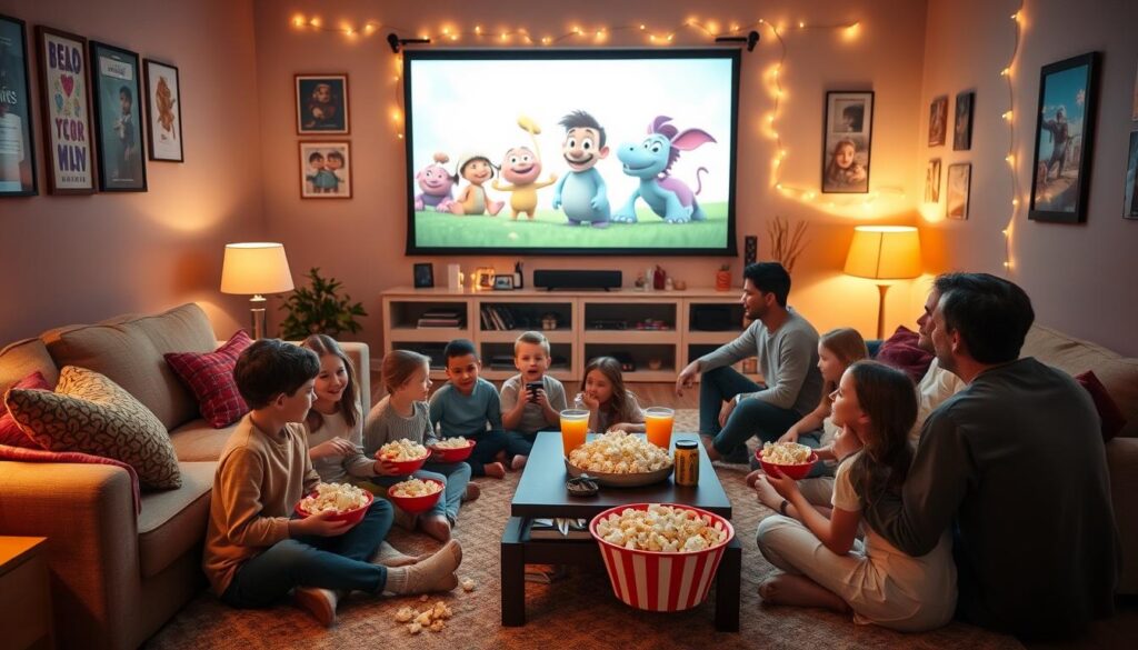 A cozy living room setup for a Family Movie Night, featuring a comfortable sofa with colorful throw pillows and a warm blanket draped over it. Children and parents, dressed in modest casual clothing, are gathered on the floor with bowls of popcorn, displaying excitement and anticipation. A large screen in the background shows a playful animated movie, illuminating the room with a soft glow. The lighting is warm and inviting, with dimmed lamps creating a homey atmosphere. Various decorations, like movie posters and fairy lights, adorn the walls, enhancing the cheerful mood. A coffee table holds drinks and snacks, all adding to the relaxed, joyful vibe of a memorable family evening together.