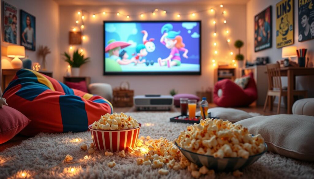 A cozy living room setup for a kids' movie night, featuring a large, colorful beanbag and fluffy pillows scattered across a soft rug. In the foreground, a popcorn bowl overflowing with buttery popcorn sits next to a tray of candy and drinks. In the middle, a projector casts a vibrant, animated film on a white wall, surrounded by fairy lights for a whimsical touch. The background has dimmed lights, creating a warm, inviting atmosphere, with colorful movie posters adorning the walls. Use soft lighting to enhance the playful mood, and capture the scene from a slightly elevated angle to showcase the entire setup. The atmosphere should feel cheerful and magical, perfect for a fun gathering of children.