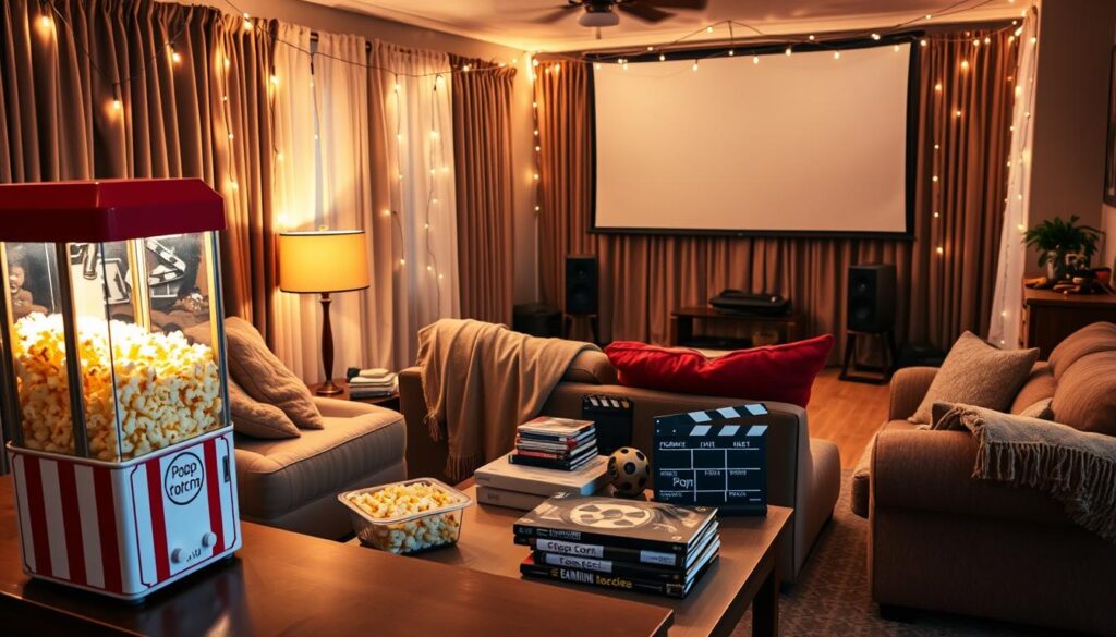 A cozy living room setup showcasing affordable DIY movie night decorations. In the foreground, a homemade popcorn bar with colorful popcorn containers and a vintage-style popcorn machine, creating an inviting snack area. In the middle, a comfortable couch draped with soft, cozy blankets, surrounded by handmade fairy lights strung across the ceiling, casting a warm glow. On a coffee table, a stack of classic movie DVDs and themed decor like film reels and clapperboards. In the background, a large screen set up for movie viewing, framed by curtains that add depth. Soft lighting from string lights enhances a relaxed, fun atmosphere for a budget-friendly movie night. Use a wide-angle lens to capture the whole scene, emphasizing warmth and inviting details.