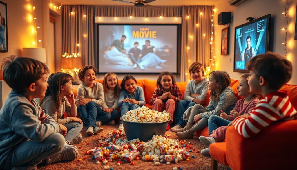 A cozy movie night party planning scene set in a warmly lit living room. In the foreground, a diverse group of children, dressed in casual, comfortable clothing, are excitedly discussing movie choices and snack options. The middle layer features a large bowl of popcorn, scattered candy, and cozy blankets on a brightly colored sofa, creating a fun and inviting atmosphere. In the background, a big screen is set up with a projector displaying a film poster, while soft fairy lights hang around the room, enhancing the festive vibe. The lighting is soft and warm, evoking a sense of togetherness and joy, captured with a slightly low angle for an intimate feel.