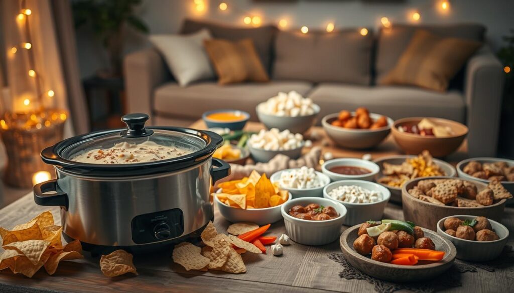 A cozy movie night scene featuring a slow cooker surrounded by an array of delicious snacks. In the foreground, a beautifully styled slow cooker is filled with melted cheese and spices, with some crispy tortilla chips and freshly cut vegetables arranged artistically nearby. In the middle, a rustic wooden table holds various bowls of popcorn, savory meatballs, and colorful dips, all invitingly displayed. The background includes a soft, dimly lit living room with a plush couch and warm fairy lights strung around, creating a relaxed atmosphere. Soft, warm lighting enhances the scene, evoking a welcoming mood perfect for gathering with friends. The camera is positioned at a slight angle to capture the delicious spread, making it look enticing and appetizing.