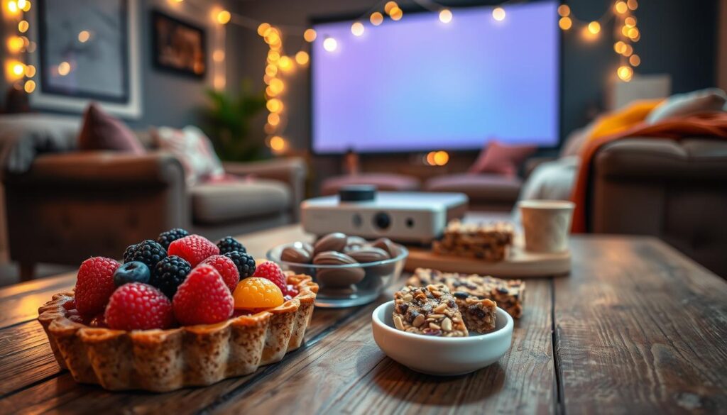 A cozy movie night scene featuring an assortment of guilt-free sweet treats arranged on a rustic wooden coffee table. In the foreground, include a vibrant fruit tart topped with colorful berries, a small bowl of dark chocolate-covered almonds, and homemade granola bars with nuts and dried fruits. The middle ground showcases a flickering projector screen casting a soft glow, complementing the warm, ambient lighting from string lights draped above. The background hints at plush sofas and fluffy blankets, creating an inviting atmosphere. Use soft focus to accentuate the treats, captured with a wide-angle lens to convey a sense of warmth and comfort perfect for a relaxing night in. The overall mood is joyful and inviting, evoking a sense of indulgence without guilt.