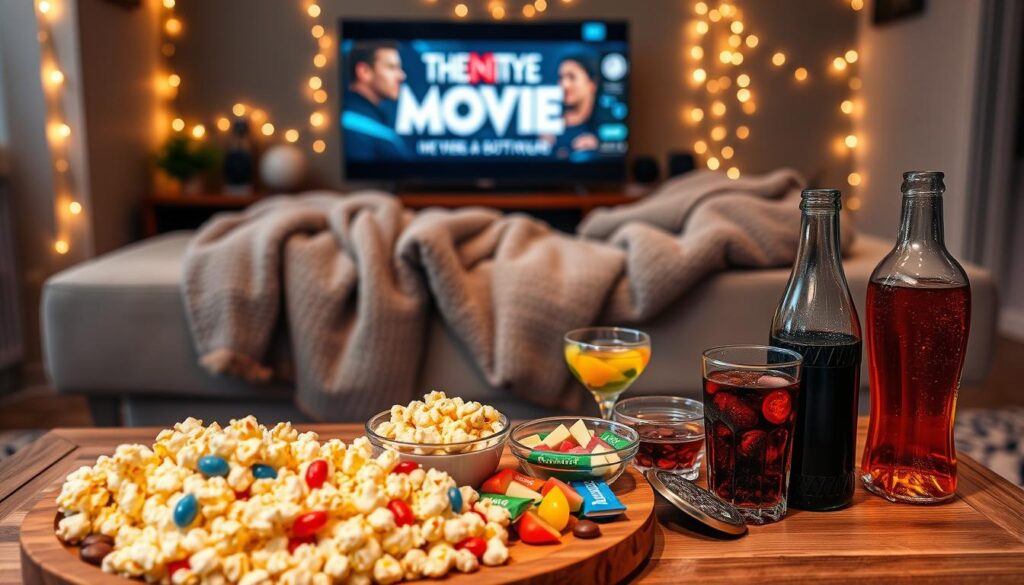 A cozy movie night setup featuring a variety of delicious snacks and drinks arranged on a low coffee table. In the foreground, a wooden platter showcases buttery popcorn, colorful candy, chocolate bars, and a bowl of vibrant fruit slices. A couple of stylish glasses filled with refreshing sodas and a bottle of sparkling water can be seen. In the middle ground, a soft, luxurious blanket is draped over a comfortable couch, inviting relaxation. The background includes a softly glowing TV screen displaying a movie title, surrounded by dim fairy lights that create a warm atmosphere. The scene is illuminated with warm lighting to enhance the inviting mood. Shot from a slightly elevated angle to capture the entire spread, encapsulating the essence of a perfect, effortless movie night.
