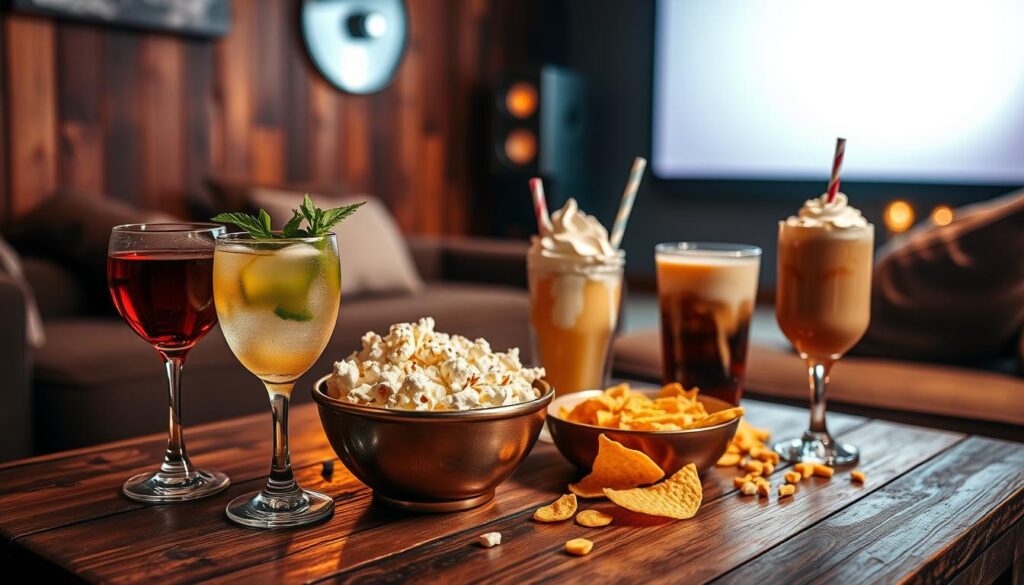 A cozy movie night setup featuring an inviting arrangement of drinks on a rustic wooden table. In the foreground, elegantly designed cocktail glasses filled with vibrant beverages, such as a rich red wine, a refreshing mojito, and a creamy soda float topped with whipped cream. The middle ground showcases a bowl of popcorn and assorted snacks, including nachos with cheese dip, elegantly contrasting with the drinks. In the background, a softly glowing projector screen illuminates the space, suggesting a cinematic ambiance. Warm, ambient lighting enhances the inviting atmosphere, while a comfortable couch with fluffy cushions creates a relaxed vibe. Shot from a slightly elevated angle to capture the display, the overall mood is warm, inviting, and perfect for a fun movie night experience.