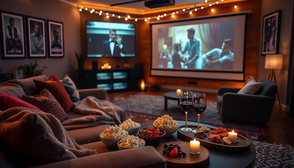 A cozy movie night setup in a stylish living room, featuring a large screen with a projector displaying a classic film. In the foreground, a plush sofa adorned with colorful cushions, with a throw blanket casually draped over one side. On a nearby coffee table, there's an assortment of gourmet popcorn in elegant bowls, a fancy charcuterie platter, and a few glasses of red wine with soft candlelight flickering around them. In the middle, a comfortable rug anchors the space, enhancing the inviting atmosphere. The background showcases dimly lit room decor, such as framed movie posters and string lights softly illuminating the area. The overall mood is relaxed yet sophisticated, perfect for an enjoyable evening of film and conversation. The scene captures the essence of creative additions to enhance the movie experience.