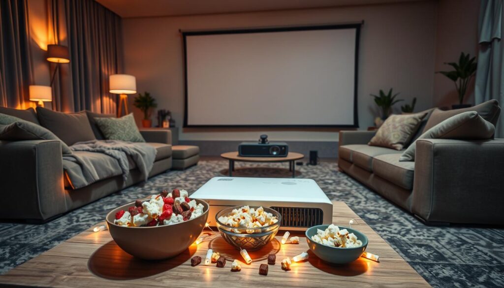 A cozy movie night viewing space setup, featuring a spacious living room with a large sectional sofa adorned with plush cushions and a soft, inviting throw blanket. In the foreground, a low coffee table is set with snacks like popcorn and candy in stylish bowls, illuminated by warm fairy lights. The middle ground showcases a projector setup facing a blank wall or a large screen, with a portable speaker nearby. The background features soft ambient lighting from floor lamps and a few potted plants for a touch of greenery. The mood is relaxed and inviting, perfect for friends or family gatherings. The lens captures the scene from a low angle to emphasize the comfortable seating arrangement, ensuring a welcoming atmosphere for a movie night.