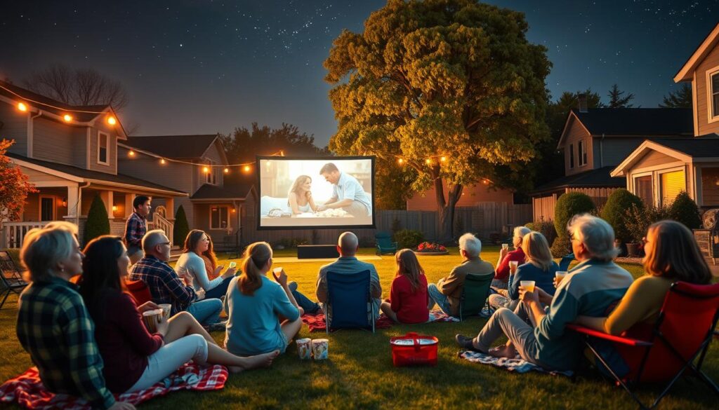 A cozy neighborhood movie night scene set in a suburban backyard under a starlit sky. In the foreground, a group of diverse neighbors sits on colorful blankets and lawn chairs, dressed in casual, modest clothing, laughing and enjoying snacks, with popcorn and drinks in hand. In the middle, a large outdoor screen displays a classic family movie, illuminated by soft, warm lights. String lights are draped across the trees, adding a festive ambiance. In the background, charming houses are visible, with faint silhouettes of trees and bushes. The atmosphere is inviting and friendly, evoking a sense of community and shared enjoyment. The image captures warm, golden lighting to create a whimsical, nostalgic feel, emphasizing the joy of gathering for a film.
