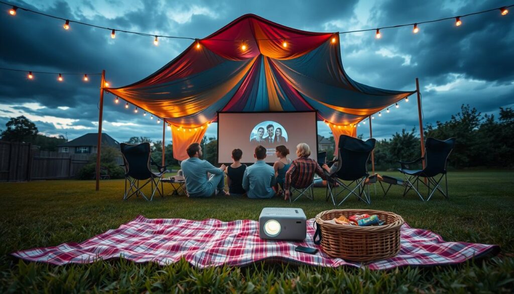 A cozy outdoor movie night scene depicting a backup plan amidst unexpected weather. In the foreground, an empty blanket laid out on the grass with a basket of snacks and a portable projector, surrounded by folding chairs. In the middle ground, a family dressed in casual attire huddles under a large, colorful waterproof tarp, with the projector casting a film onto a makeshift screen. Soft, warm lighting from string lights overhead creates a welcoming atmosphere. The background shows a cloudy sky with hints of blue peeking through, suggesting the threat of rain but maintaining a cheerful mood. Use a wide-angle perspective to capture the setting, emphasizing the communal spirit of sharing an outdoor movie experience despite the weather concerns.