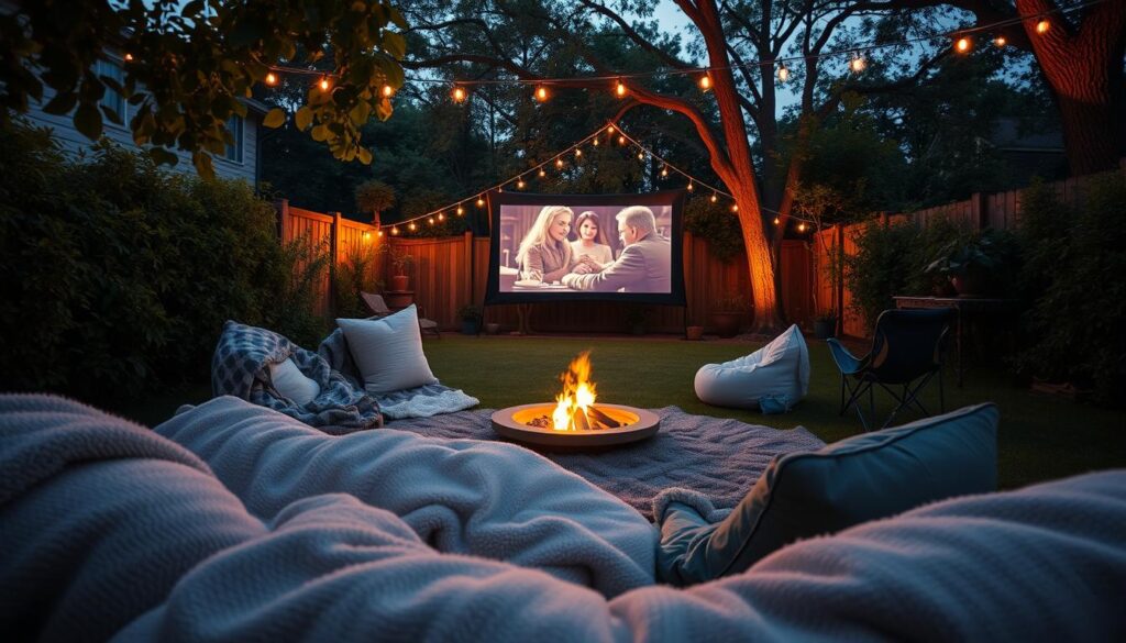 A cozy outdoor movie night scene set in a backyard during twilight. In the foreground, plush blankets and oversized pillows invite guests to relax, while a small fire pit crackles nearby, casting warm light. Comfortable seating scattered around, such as bean bags and foldable chairs, enhances the inviting atmosphere. In the middle ground, a large movie screen displays a classic film, illuminated softly for perfect viewing. Twinkling fairy lights hang from tree branches, creating a magical ambiance. In the background, lush greenery and silhouettes of trees gently frame the scene, hinting at a serene night sky filled with stars. The mood is warm, inviting, and relaxed, capturing the essence of a comforting outdoor movie experience. The image is captured in a soft-focus, warm-toned lens to enhance the cozy atmosphere.