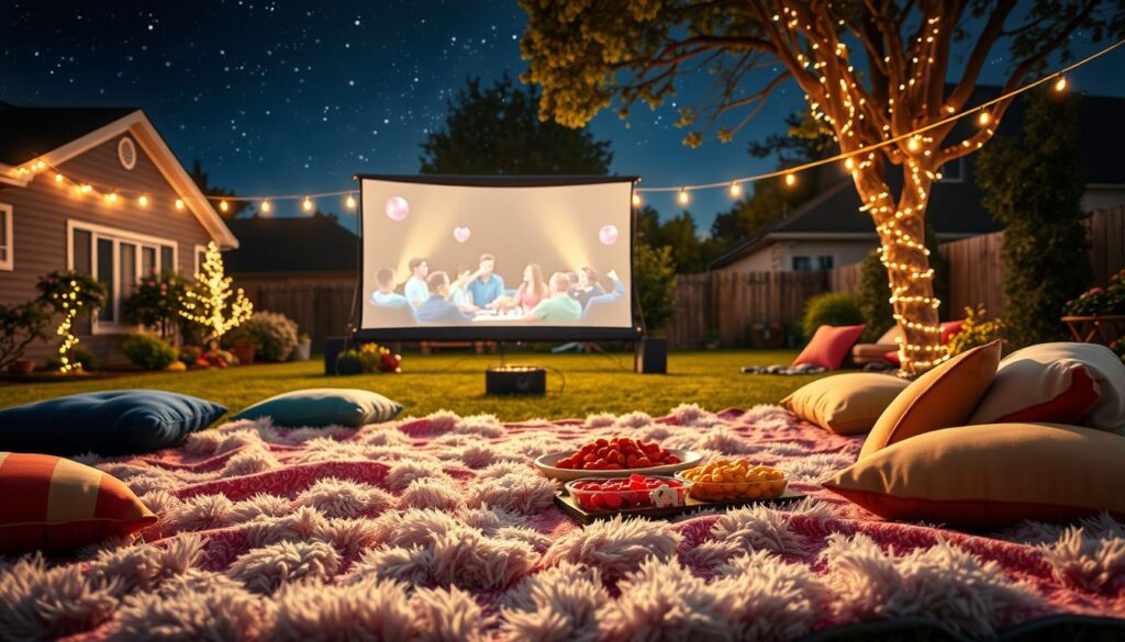 A cozy outdoor movie night setup in a suburban backyard. In the foreground, a large, fluffy blanket spread out with colorful cushions and snacks like popcorn, candy, and fruit platters. The middle ground features a classic portable projector setup with a large white screen displaying a vibrant movie scene, twinkling fairy lights wrapped around nearby trees. In the background, a starry night sky sets a serene atmosphere, with soft, warm lighting creating an inviting glow. Capture the scene at a slightly elevated angle to encompass the cozy ambiance. The mood is festive and relaxed, evoking a friendly neighborhood gathering.