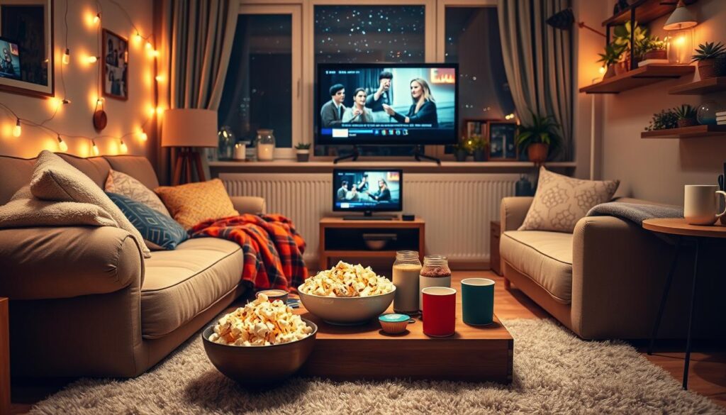 A cozy small living room set for a movie night, featuring a soft, oversized sofa adorned with fluffy pillows and a colorful throw blanket. In the foreground, a low coffee table is piled with popcorn in a playful bowl, candy dishes, and drinks in stylish cups. In the middle ground, a compact TV or projector displays a classic film, casting gentle, warm light across the room. The ambiance is enhanced by soft fairy lights strung along the walls and a plush rug underfoot. The background includes a window revealing a starry night sky and succulents on a small shelf, creating a relaxed, inviting atmosphere. The overall mood is intimate and fun, perfect for gathering with friends in a small apartment.