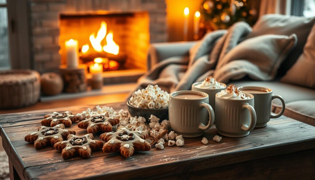 A cozy winter movie night setup featuring a rustic wooden coffee table laden with delightful treats. In the foreground, there are freshly baked gingerbread cookies shaped like snowflakes, a bowl of popcorn drizzled with melted chocolate, and mugs of steaming hot cocoa topped with whipped cream and cinnamon. In the middle, a soft, warm blanket is casually draped over a plush chair, creating an inviting atmosphere. The background reveals a softly glowing fireplace, casting a warm, golden light throughout the room. Flickering candles add a gentle ambiance, and a snowy window scene enhances the feeling of a winter wonderland outside. The overall mood is warm, inviting, and perfect for a cozy night in, with rich textures and a soothing color palette of whites, browns, and soft golds.
