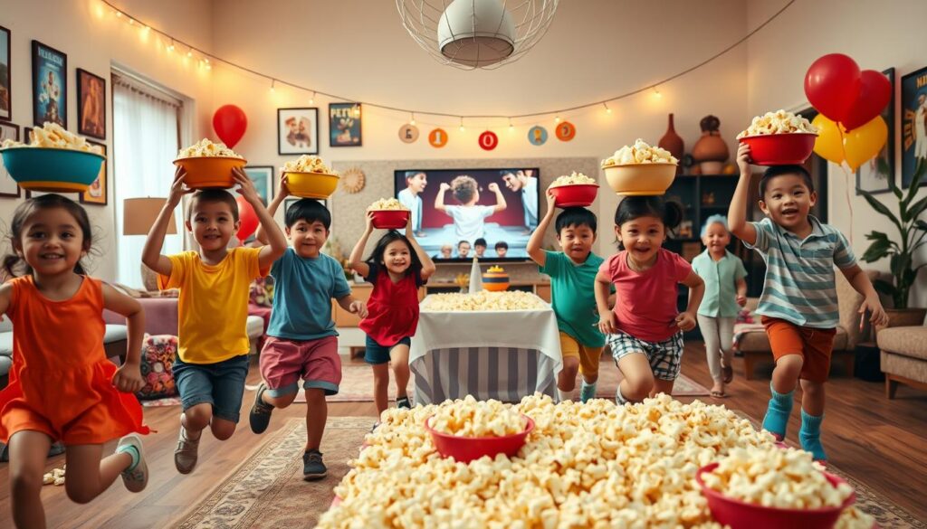 A lively scene depicting a "Popcorn Relay Race" during a colorful birthday party. In the foreground, children of diverse backgrounds, dressed in bright, playful clothing, are running excitedly, balancing bowls of popcorn on their heads. The middle ground features a large, decorated table filled with popcorn in various flavors and colored bowls, balloons, and festive decorations enhancing the atmosphere. The background showcases a cozy living room adorned with movie posters, string lights, and a big-screen projecting a family-friendly film. Soft, warm lighting illuminates the scene, creating a cheerful, inviting mood. The angle is slightly elevated to capture the dynamic motion of the race and the joyful expressions of the participants.