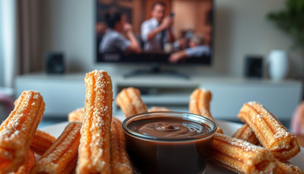 A plate of freshly made air fryer churros sits enticingly in the foreground, their golden-brown, crispy exterior dusted with a generous coating of cinnamon sugar. In the middle, a small bowl of rich chocolate sauce glistens, inviting you to dip the sugary treats. The background features a cozy living room setting with a subtly blurred television playing a movie, dimmed lights creating a warm, inviting atmosphere. Soft light casts gentle shadows, emphasizing the churros' texture and the glossy finish of the chocolate sauce. The scene embodies the perfect vibe for a movie night, evoking feelings of comfort and indulgence.