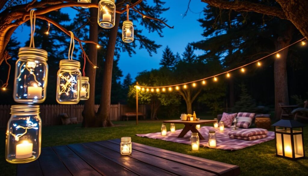 A serene backyard scene illuminated by DIY mason jar luminaries, with various jars hanging from tree branches and placed on a wooden picnic table. In the foreground, there are glowing jars filled with candles and fairy lights, casting a warm, inviting glow. In the middle ground, the setup features a rustic-style picnic arrangement with cozy blankets and cushions, perfect for movie night. Softly glowing lanterns create an enchanting atmosphere. The background shows tall trees and a clear night sky adorned with stars. The lighting is soft and ambient, evoking a relaxed and joyful mood for an outdoor gathering. The scene is captured from a low angle, emphasizing the luminaries’ light and the cozy setup.