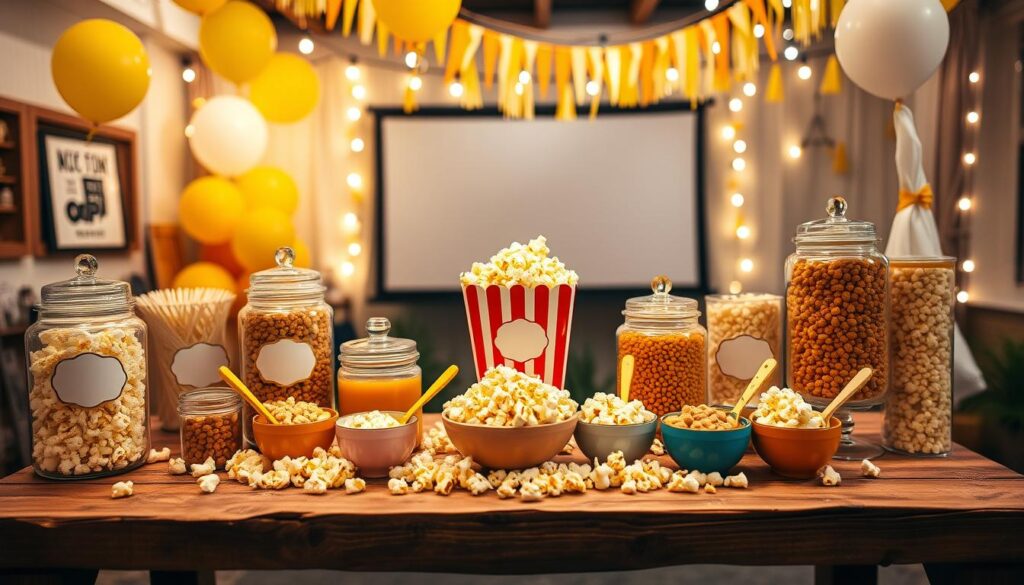 A vibrant DIY popcorn bar setup, featuring a rustic wooden table as the foreground, laden with a variety of popcorn flavors in colorful glass jars. Include traditional buttered popcorn, gourmet caramel corn, and spicy sriracha popcorn, all artistically arranged with cheerful scoops. The middle ground presents an inviting atmosphere with playful popcorn-themed decorations, such as garlands and balloons in shades of yellow and white. In the background, softly lit string lights create a warm ambiance, with a cozy movie screen set up, hinting at an enjoyable movie night. The scene captures a fun and engaging mood, perfect for sharing good times with friends and family. Use soft, diffused lighting to enhance the charm, shot from a slightly elevated angle to capture the entire setup beautifully.