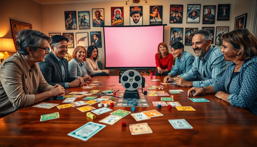 A vibrant and engaging tabletop scene showcasing a classic movie trivia game, complete with colorful trivia cards, dice, and game pieces spread across a polished wooden table. In the foreground, a group of diverse adults in smart casual attire attentively discuss answers, their expressions filled with excitement and nostalgia. In the middle, a vintage film projector casts a soft glow on a blank screen, hinting at movie clips to come. The background features a cozy living room adorned with movie posters and warm ambient lighting, enhancing the inviting atmosphere. The overall mood is cheerful and relaxed, perfect for a night filled with laughter and film appreciation. The camera angle is slightly tilted from above to capture the entire scene in rich detail.