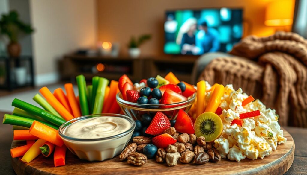 A vibrant and inviting arrangement of healthy movie night snacks displayed on a wooden platter. In the foreground, colorful vegetable sticks, including carrots, cucumbers, and bell peppers, are served alongside a creamy hummus dip in a small bowl. Mixed nuts and air-popped popcorn, lightly seasoned with herbs, are artfully scattered around. In the middle, a bowl of fresh fruit salad featuring strawberries, blueberries, and slices of kiwi adds a splash of color. The background features a cozy living room setting with soft lighting, a flickering TV screen showing a movie scene, and an inviting throw blanket draped over a couch, creating a warm and relaxed ambiance perfect for guilt-free movie nights. Use a warm light setting to enhance the inviting mood, captured with a close-up angle to highlight the delicious snacks.