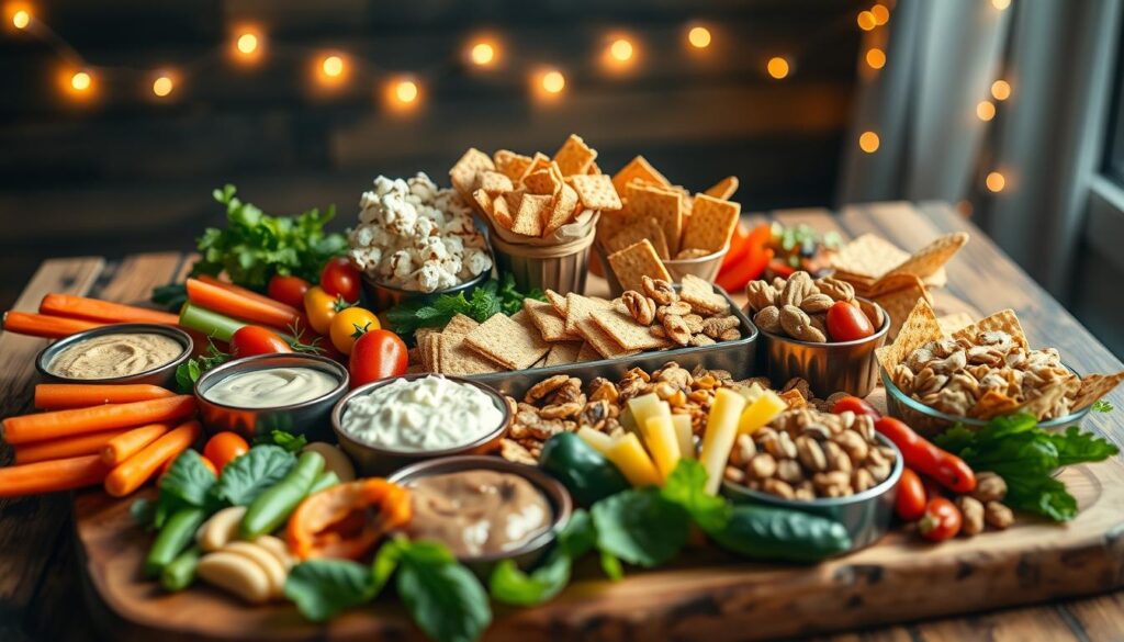 A vibrant and inviting healthy movie night snack board arranged elegantly on a rustic wooden table. In the foreground, colorful sections feature an assortment of fresh vegetables like carrots, cherry tomatoes, and bell peppers, interspersed with bowls of hummus and guacamole. The middle layer showcases a variety of whole-grain crackers, air-popped popcorn dusted with nutritional yeast, and mixed nuts in charming rustic containers. In the background, softly lit fairy lights create a cozy ambiance, casting a warm glow across the scene. The overall mood is relaxed and inviting, perfect for a movie night, with a shallow depth of field focusing on the snack board. Bright natural lighting emphasizes the freshness of the ingredients, enhancing the appeal of this dietary-friendly spread.