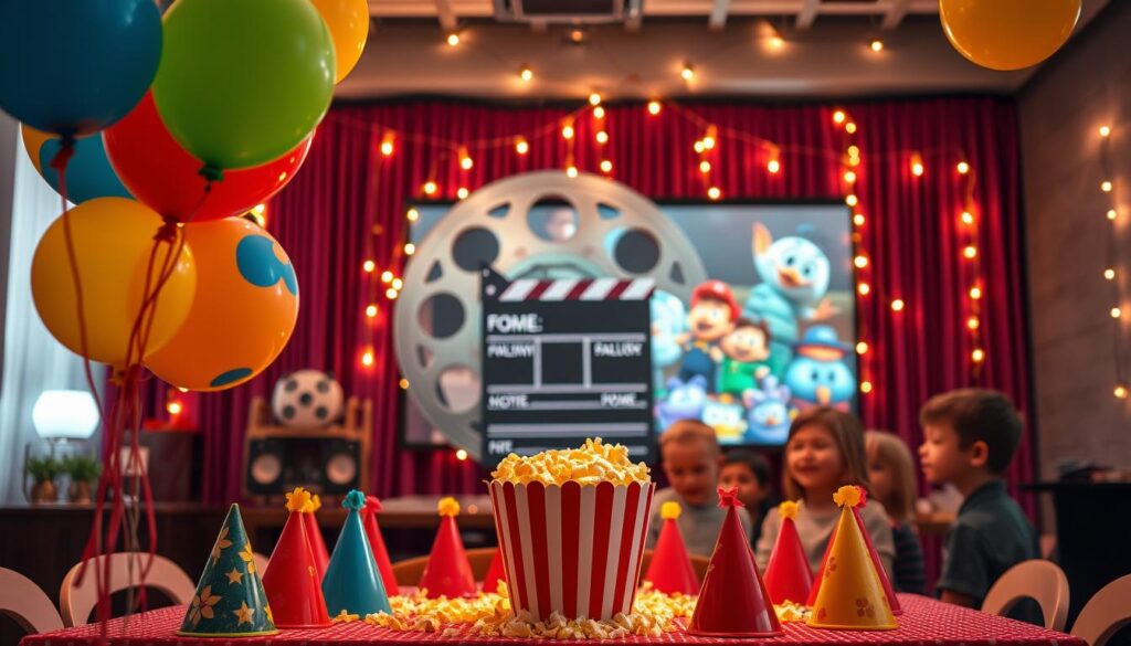 A vibrant and inviting scene of a kids movie-themed birthday party. In the foreground, colorful balloons in the shapes of popular movie characters float above a table adorned with a classic popcorn box centerpiece, surrounded by bright, playful party hats. The middle layer features a backdrop of a large, intricately designed movie reel and film clapperboard, draped with string lights that emit a warm glow, enhancing the festive atmosphere. In the background, kids in modest casual clothing happily gather around a big screen showcasing animated movie clips, further emphasizing the celebration. Soft, warm lighting creates a joyful and magical mood, reminiscent of an exciting movie night. The image captures the essence of fun, creativity, and togetherness synonymous with a movie-themed celebration.