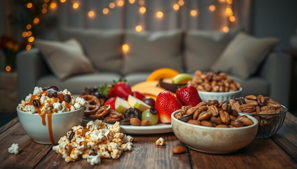 A vibrant assortment of no-prep snacks displayed on a rustic wooden table. In the foreground, a bowl of popcorn drizzled with caramel and a sprinkle of sea salt sits next to a plate of chocolate-covered pretzels. In the middle, an inviting selection of fresh fruit, including strawberries, grapes, and apple slices, complements a bowl of mixed nuts. The background features a cozy, dimly lit living room setting with a soft couch and a warm ambiance created by golden fairy lights. The mood is relaxed and festive, perfect for a movie night. The image should have soft, natural lighting, capturing the textures and colors of the snacks, with a warm focus to evoke a sense of comfort and enjoyment.