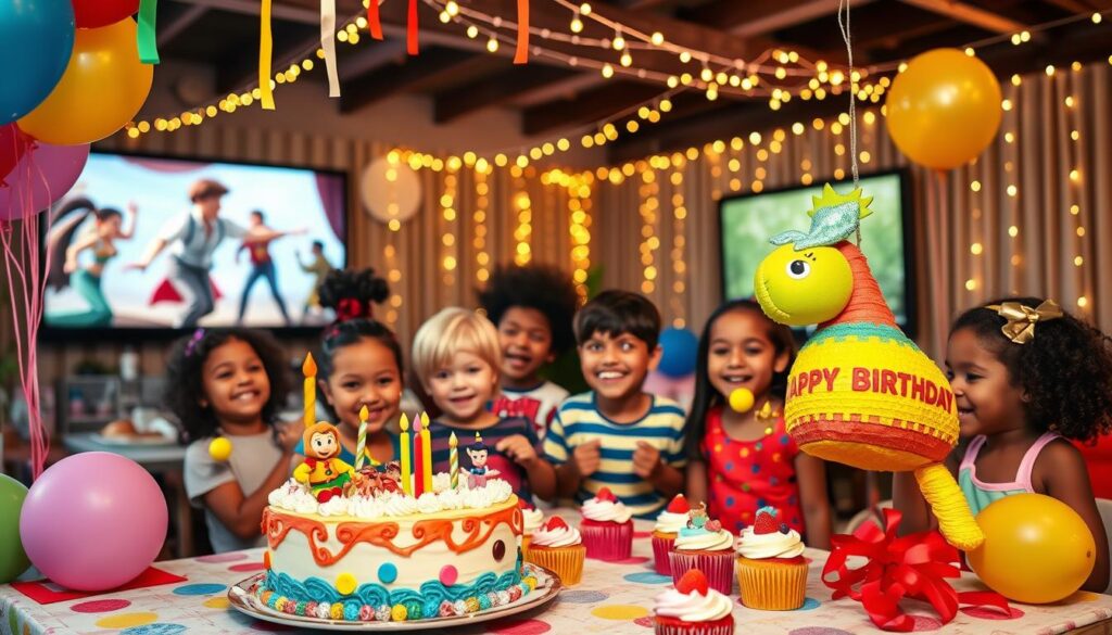 A vibrant celebration scene that captures the essence of a kids' birthday party featuring top-rated movie themes. In the foreground, a colorful table is adorned with themed cake and cupcakes inspired by popular kids’ movies, such as animated characters and fairy tales. Balloons and streamers in bright colors create a festive atmosphere, while a piñata shaped like a beloved character hangs nearby. In the middle ground, children of diverse backgrounds joyfully engage in party activities, wearing playful outfits. The background showcases a large screen displaying a movie scene, softly lit with warm fairy lights enhancing the cheerful ambiance. Use a wide-angle lens to capture the joyous expressions and the lively setting, reflecting a mood of excitement and happiness, under soft natural lighting.