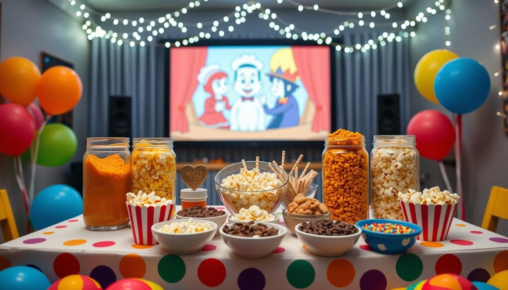 A vibrant custom popcorn bar set up for a children's birthday movie night, featuring colorful popcorn varieties in clear jars: caramel, cheese, and classic butter. The foreground showcases a cheerful table decorated with colorful balloons and a festive tablecloth, complemented by playful popcorn-themed centerpieces. In the middle, various toppings like chocolate drizzle, sprinkles, and nuts are arranged in small bowls. The background features a cozy movie screen displaying a cartoon, with fairy lights twinkling overhead to create a warm, inviting atmosphere. The lighting is soft and bright, evoking excitement and joy. Shot from a slight angle to capture depth, and emphasizing the fun, creative DIY snack station ambiance perfect for a birthday celebration.