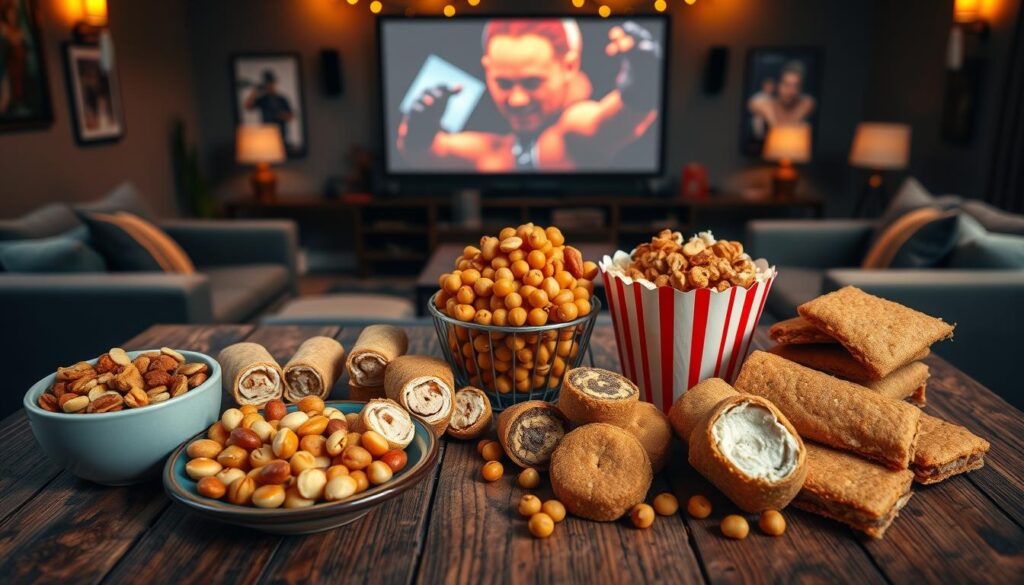 A vibrant, eye-catching array of healthy, protein-packed snacks arranged on a rustic wooden table in a cozy home theater setting. In the foreground, display a bowl of mixed nuts, a plate of protein bars with various toppings, and slices of turkey roll-ups. In the middle ground, include a charming popcorn bowl filled with a savory chickpea mix. The background showcases a softly lit living room with comfortable seating, a large screen displaying a faint glow, and decorative movie posters. The scene is illuminated by warm, inviting lighting, resembling a perfect movie night ambiance, enhancing the cozy and healthy vibes of the atmosphere. Use a slightly overhead angle for a comprehensive view that highlights the delicious snacks while maintaining focus on the movie night theme.
