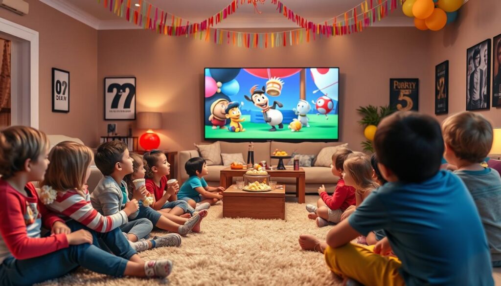 A vibrant movie party scene for kids, set in a cozy living room decorated with colorful streamers and balloons. In the foreground, a diverse group of children aged 5 to 10, dressed in comfortable, playful attire, sit on a plush rug, intently watching a large screen displaying a family-friendly animated movie. Some kids hold popcorn and snacks. In the middle, a plush couch stacked with cushions provides additional seating, while a table is laden with themed decorations and refreshments. The background features warm, dimmed lighting, creating an inviting atmosphere, with a few movie posters on the walls. Soft focus on the edges ensures the children and the screen are the primary focus, evoking a sense of joy and excitement.
