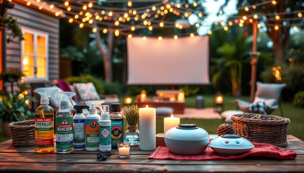 A vibrant outdoor backyard movie night scene showcasing various insect repellent strategies. In the foreground, display an elegant picnic setup with an array of effective commercial insect repellents such as sprays, citronella candles, and electronic bug zappers, arranged neatly on a rustic wooden table. In the middle ground, a cozy outdoor movie screen is set up, with visually appealing fairy lights draping overhead. The background features lush greenery and soft, ambient lighting, creating a warm and inviting atmosphere. The composition should have a slightly elevated angle, allowing for a panoramic view of the setup, with the soft glow of a projector illuminating the screen. The mood is relaxed and cheerful, ideal for family gatherings.