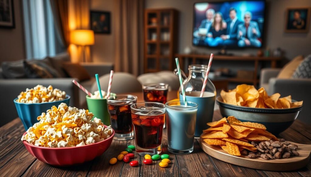 A visually appealing layout featuring a variety of movie night snacks arranged on a rustic wooden table. In the foreground, include colorful bowls filled with popcorn of different flavors, nachos with melted cheese, and a tray with assorted candy. The middle ground showcases drinks in clear glass cups with straws, a large soda jug, and a shared bowl of chips. In the background, a cozy living room setting with a soft couch, a large screen showing a classic movie, and dim warm lighting creating a relaxed atmosphere. Use a slightly angled perspective to emphasize the inviting snacks, with a soft focus on the background to draw attention to the food. Capture a fun and friendly mood, ideal for an enjoyable movie night gathering.