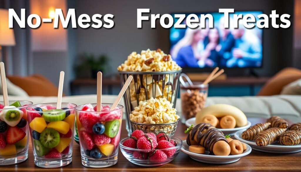 A visually enticing arrangement of "No-Mess Frozen Treats" designed for a movie night setting. In the foreground, a variety of colorful frozen fruit pops in clear cups, with vibrant fruits like strawberries, blueberries, and kiwi visible within the layers. To the middle, a stylish popcorn bucket filled with caramel and chocolate drizzled popcorn, surrounded by small plates of chocolate-dipped frozen bananas and yogurt-covered pretzels. In the background, a cozy living room ambiance with a softly lit TV screen showing a movie scene, creating a warm and inviting atmosphere. Use warm, soft lighting for a comfortable feel, and a slight overhead angle to capture both the treats and the cozy setting, emphasizing the fun and indulgence of movie night snacks.