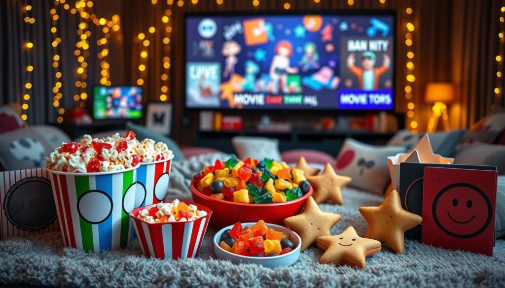 A whimsical scene showcasing a variety of creative movie night snacks for kids. In the foreground, a colorful popcorn bar with vibrant, flavored popcorn in red, blue, and green is surrounded by playful, themed containers shaped like movie reels and popcorn boxes. In the middle, a large, fun bowl of gummy bears representing different movie genres, alongside star-shaped cookies and mini pizzas topped with smiley faces. A cozy blanket and cushions with movie motifs create a welcoming atmosphere. The background features dimmed fairy lights, soft lighting, and a large screen playing classic animated films, suggesting a night filled with joy and laughter. Capture this in a warm, inviting glow, using a soft focus for a dreamy effect.