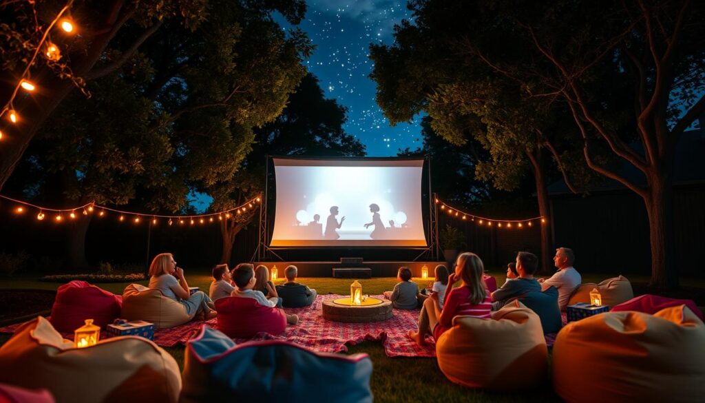 An enchanting outdoor movie night scene under a starlit sky. In the foreground, a cozy setup with comfortable bean bags and colorful picnic blankets, surrounded by warm, glowing fairy lights. A large, white screen in the middle displays a fun, family-friendly movie scene, with soft illumination highlighting the characters on screen. In the background, shadowy trees frame the area, adding depth and a touch of nature. The ambiance is cheerful and inviting, conveying a warm gathering atmosphere. Soft, ambient lighting casts a gentle glow on the guests, who are dressed in modest casual clothing, with a mix of children and adults smiling and enjoying the film. The angle is slightly elevated, capturing both the intimacy of the gathering and the expansive sky above. The overall mood is festive and relaxed, perfect for a birthday celebration.