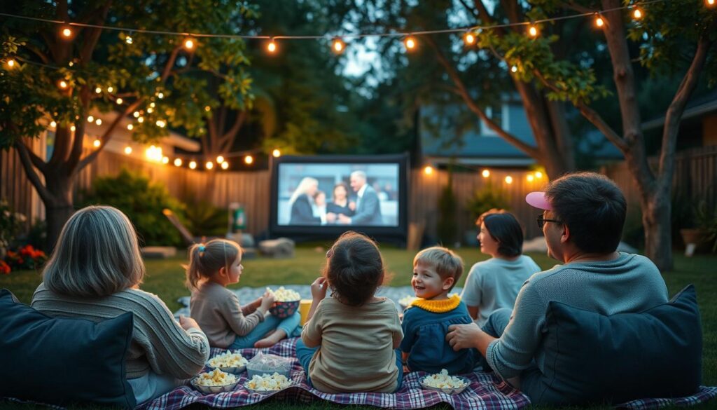 An inviting outdoor movie night scene set in a cozy backyard. In the foreground, a family of four, dressed in comfortable but modest casual clothing, is seated on blankets and cushions, smiling and enjoying popcorn. Children are safely positioned with a clear view of a large screen displaying a classic film in the middle ground. Surrounding them, soft string lights are hung in trees, casting a warm, ambient glow. In the background, safety equipment such as a first-aid kit and fire extinguisher are subtly visible, emphasizing the safety theme. The scene should be bathed in a twilight atmosphere, with gentle lighting highlighting the joy and safety of the gathering. The angle captures the scene from slightly above, creating a welcoming and safe environment for all ages.
