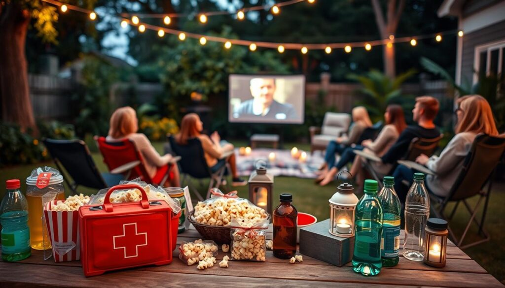 An outdoor movie night scene set in a backyard. In the foreground, a picnic table is laden with safety-prepared snacks like popcorn in sealed bags, bottled drinks, and a first aid kit adorned with a red cross. In the middle ground, a large projector screen displays a classic film, surrounded by cozy blankets and lanterns providing soft, warm lighting. Friends in modest casual clothing are seated in folding chairs, relaxed yet attentive, ensuring safety and cooperation. In the background, a lush garden is slightly blurred, with string lights twinkling above to create a magical atmosphere. The overall mood is cheerful and responsible, emphasizing both enjoyment and preparedness. Use a warm, inviting color palette and soft focus to enhance the outdoor relaxation feel.