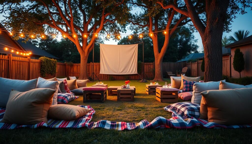 Cozy backyard movie night setup featuring classic seating arrangements. In the foreground, several comfortable, oversized blankets and colorful cushions spread out on the grass, with a few rustic wooden crates used as makeshift tables for snacks and drinks. In the middle, a large, white canvas screen is suspended between two trees, illuminated by soft string lights creating a warm, inviting ambiance. In the background, a gentle twilight sky with subtle star twinkles adds to the relaxed atmosphere. The scene captures a quintessential summer evening, with a hint of laughter and joy in the air. The lighting is warm and soft, reminiscent of a golden hour, shot from a slight low angle to emphasize the cozy arrangement. No people are depicted.