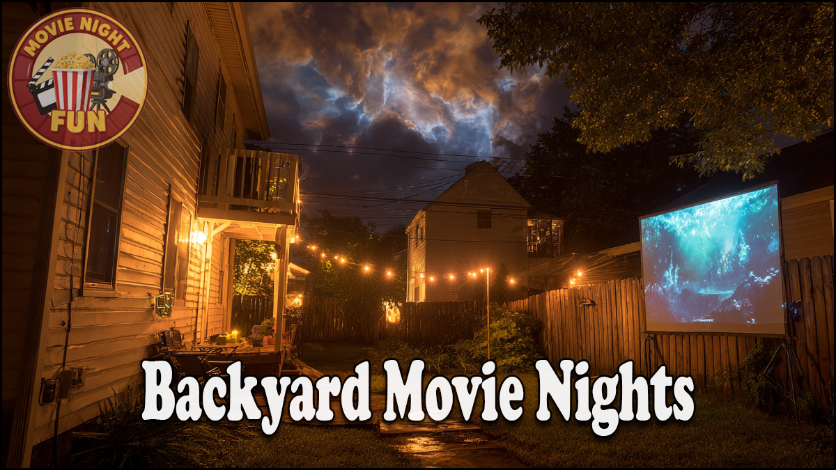 A backyard at dusk with string lights, a projected movie on a fence, and "Backyard Movie Nights" overlaid, plus a "Movie Night Fun" logo in the corner, sets the perfect scene for unforgettable backyard movie nights.