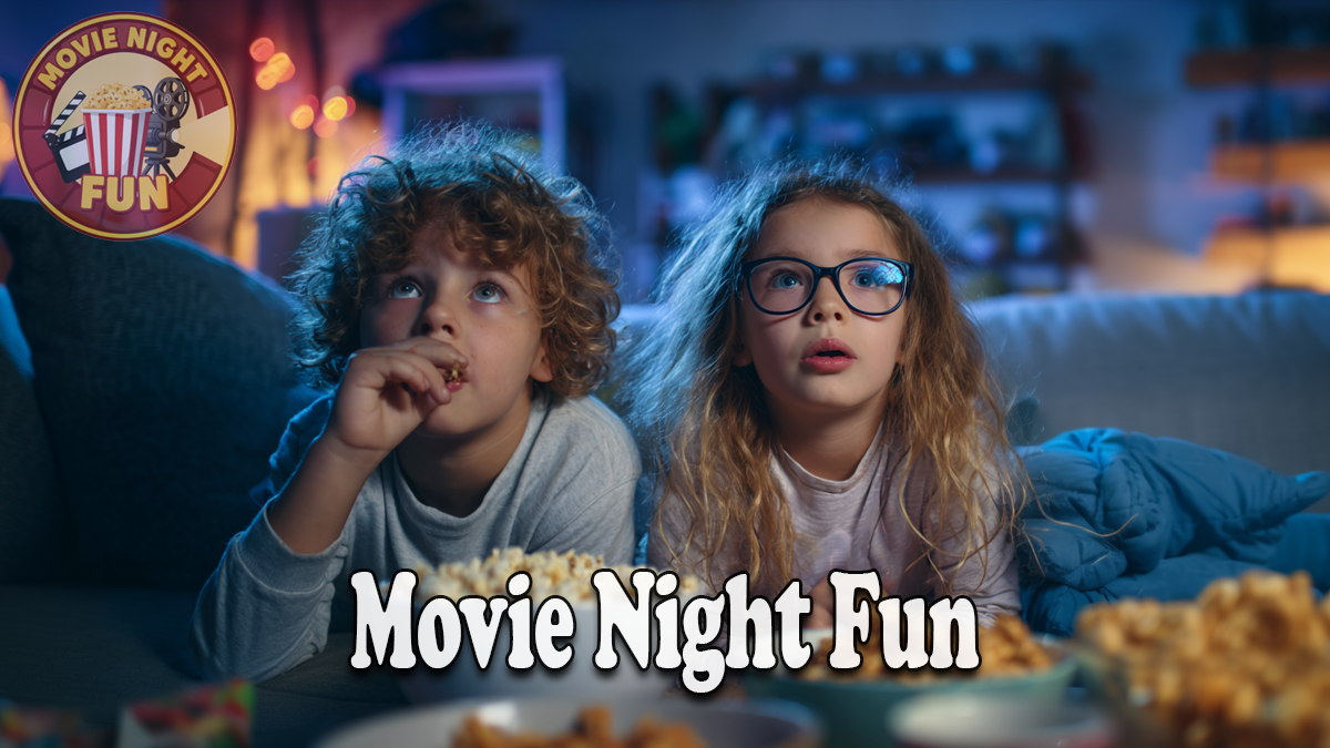 Two children sit on a couch, eating popcorn and watching TV, while the "Movie Night Fun" logo and text highlight their cozy movie night experience.