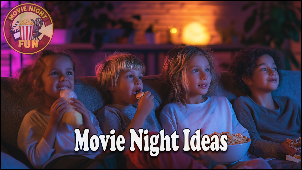 Four children sit on a couch eating popcorn and watching a screen, with "Movie Night Ideas" text and a "Movie Night Fun" logo in the corner—perfect inspiration for your next cozy movie night ideas.