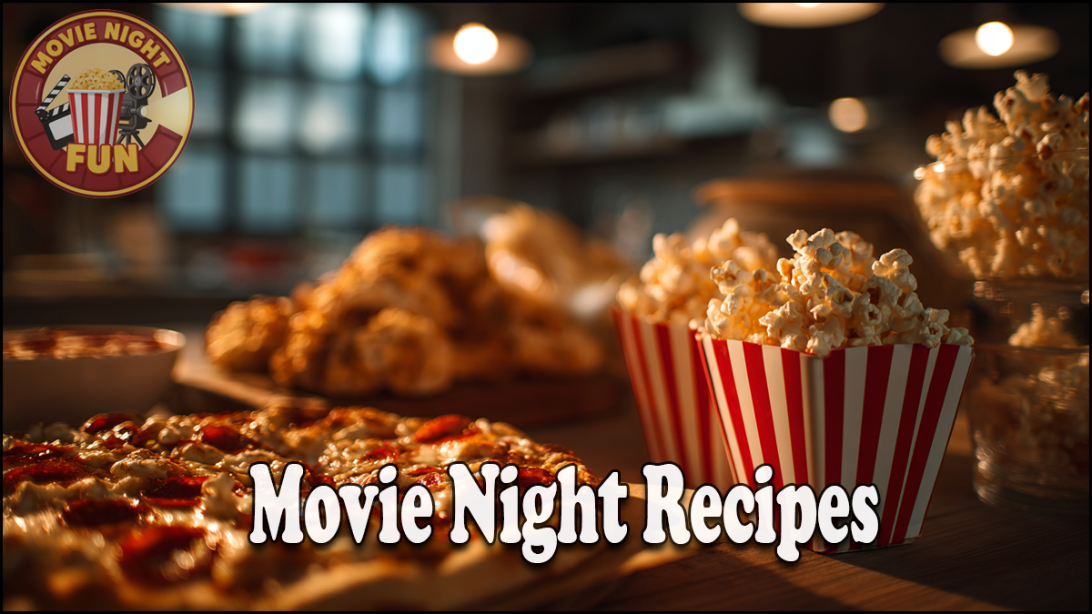 A cozy table set with popcorn, pizza, and snacks, highlighted by the text "Movie Night Recipes" and a playful "Movie Night Fun" logo in the corner. Perfect inspiration for your next movie night spread!.
