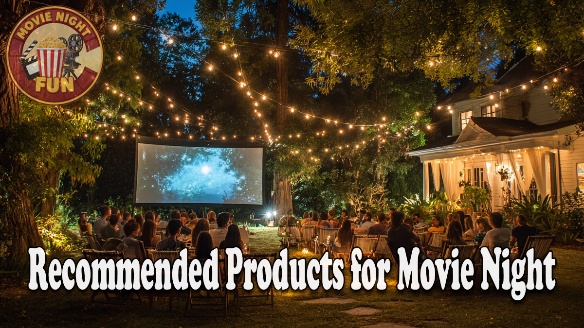 A group of people watch an outdoor movie at night under string lights, with the text "Recommended Products for Movie Night" overlaid.
